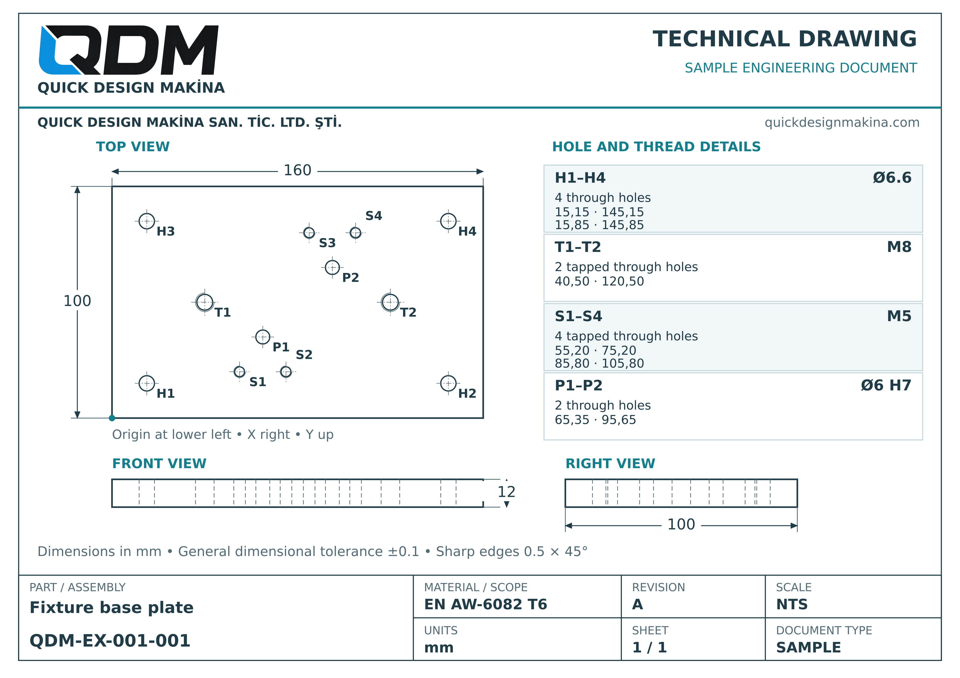 QDM fixture base plate technical drawing with top, front and right views, dimensions and hole information.